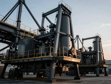 Low-key dramatic cinematic shot of heavy industrial mining machinery and structural steel frameworks, dark graphite tones, gold light accents
