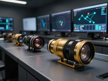 High-tech logistics control room with glowing tracking monitors, low-key dramatic lighting, sharp focus, 35mm anamorphic lens