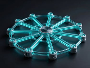 Abstract interactive 3D network nodes displaying glowing cyan data pipelines, dark background, high-contrast studio lighting, clean technical rendering