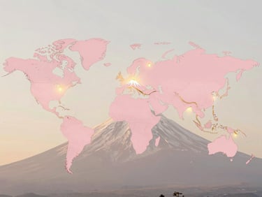 Elegant minimalist world map with pastel pink and gold lines, glowing nodes over Mount Fuji, the Sahara, and Iceland, showing a preview of natural elements.