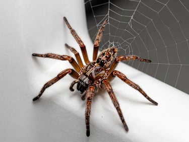 Macro shot of a brown spider in a corner web, bright clinical lighting, clear details.