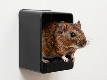 Macro shot of a rodent near a black plastic secure bait station placed discreetly against a clean wall, bright clinical lighting.