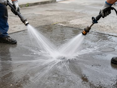 Close-up overhead shot of a pressure washing crew cleaning concrete pavement at a government facility, water spray arcing across the frame, gloved hands gripping the wand, daylight illumination showing the scope of the cleaned surface