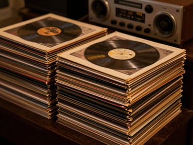 Stacks of vintage vinyl records in cardboard sleeves, warm low-key lighting, 35mm photo
