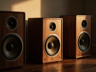 Cozy modern living space with retro wooden speakers, warm golden-hour light casting gentle shadows, rich dark tones, editorial style