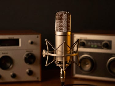 A professional retro studio microphone under soft golden-hour light, dark background