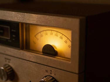 Close-up of a vintage analog stereo receiver with glowing amber dials, dark background, shallow depth of field