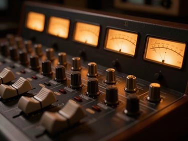 Close-up of a professional soundboard with metallic knobs and glowing amber VU meters, warm studio lighting, rich dark background