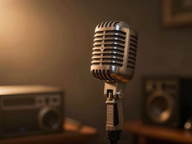 A vintage studio microphone on a stand, warm low-key background with soft golden-hour glow, shallow depth of field