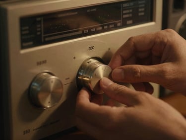Close-up of hands gently adjusting a metallic dial on a classic stereo receiver, golden-hour glow, 35mm