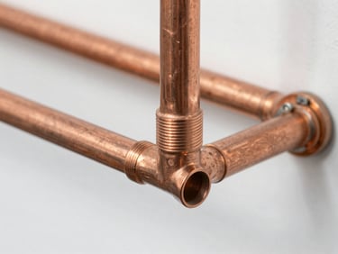 Close-up of clean copper pipe installations under bright natural daylight, sharp focus, 35mm lens