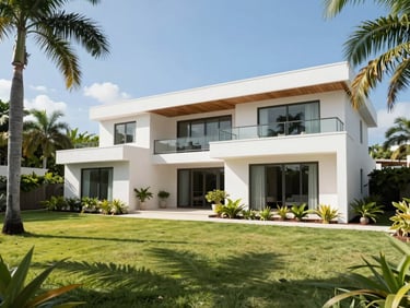 Modern Caribbean home with secure architecture, clean lines, lush tropical garden, bright clear daylight, wide shot.