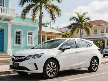 Clean, modern car parked on a vibrant Caribbean street, bright morning light, local architecture in background, professional framing.