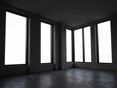 Dull unedited real estate interior, dark shadows, blown-out windows, distorted vertical lines, wide-angle