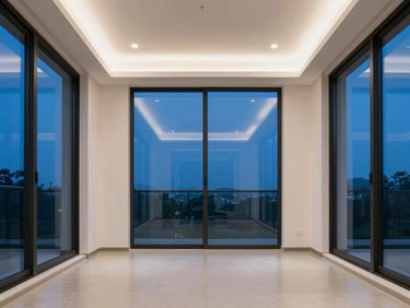 Stunning balanced real estate interior, crisp flambient lighting, perfectly corrected vertical lines, clear blue sky visible through windows