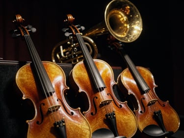Dramatic close-up of polished wood violins and brass horns catching warm stage spotlights, deep shadows, rich gold tones, 35mm film