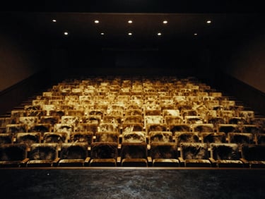 Dramatic low-key wide environmental shot of the glowing auditorium from the stage perspective, warm spotlights illuminating the empty velvet seats, deep shadows, rich gold and charcoal tones, 35mm film.