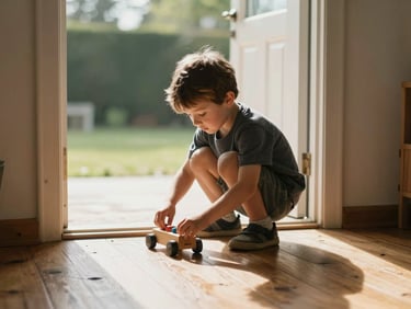 Environmental portrait — a small boy crouched on a wooden floor near a sunlit doorway, both hands busy with a wooden toy, morning light streaming low across the floorboards and catching dust in the air, wide enough to show the doorframe and a glimpse of outdoor green beyond, entirely unposed, honest and specific