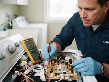 Close-up of a certified technician in a clean blue uniform using a digital multimeter to test a modern washing machine control board, bright natural indoor lighting, 35mm lens