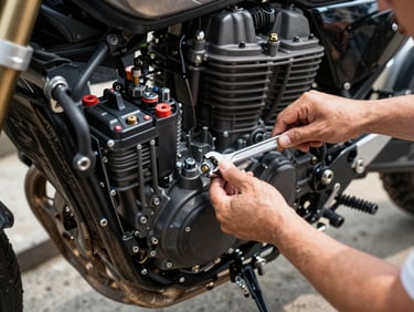 Cral battery installed in a motorcycle engine bay, mechanic's hands tightening a terminal nut with a wrench, direct sunlight, concrete ground visible
