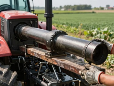 Pioneiro battery being lifted from a tractor engine compartment by a worker in work gloves, bright outdoor daylight, green farmland in background