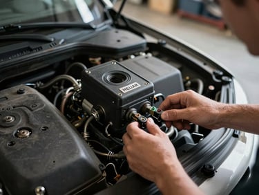 Heliar battery top label visible in an open car hood, mechanic's hands connecting terminals, direct natural light from above, workshop floor background