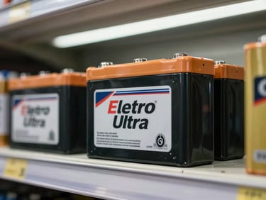 Eletro Ultra battery close-up on a shelf in a parts store, fluorescent overhead light, other batteries visible in background, brand label sharp and clear