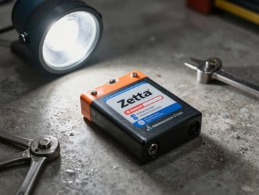 Zetta battery resting on a concrete floor of a workshop, overhead work light, tools beside it, brand label facing camera, no people