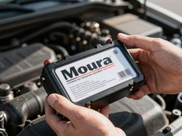 Close-up of a Moura battery label on a black casing, held in a mechanic's hands in a truck engine bay, bright daylight, sharp focus on the brand name