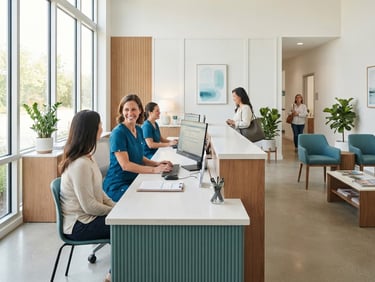 Bright modern medical clinic reception desk, clean white and teal accents, soft natural light, professional and welcoming atmosphere