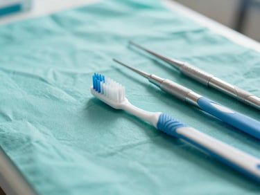 Close-up of clean dental instruments and a modern toothbrush on a sterile teal surface, bright natural light