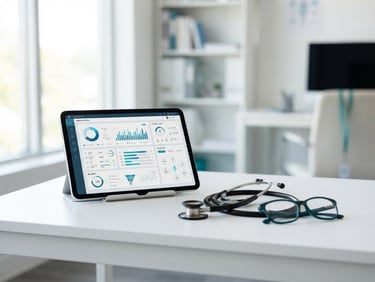 A clean, bright clinical desk with a tablet displaying medical charts, a stethoscope, and eyeglasses, high-key natural daylight, crisp teal accents