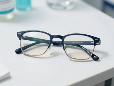 A pair of modern optical frames resting on a clean clinical table, soft shadows, bright daylight