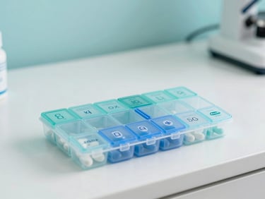 Organized pharmaceutical packaging and a clean pill organizer on a white counter, soft teal lighting