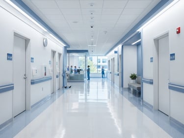 Crisp architectural photography of a sterile hospital corridor with clean blue and white tones, sharp focus, bright daylight.