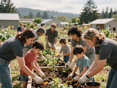 Diverse group of adults and children participating in a community garden project, sunny Pacific Northwest daylight, collaborative action, 35mm lens.