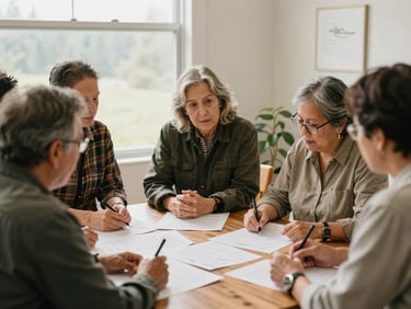 Group of Washington residents reviewing plans for a community project, collaborative discussion, natural light, soft earthy tones, 35mm lens.