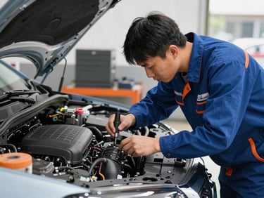 A professional mechanic in a clean workshop diagnosing a modern car engine with precision tools.