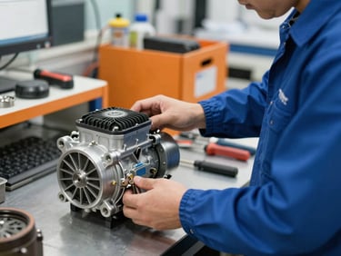 An automobile engineer working on a vehicle air conditioning compressor in a professional workshop, tools in background