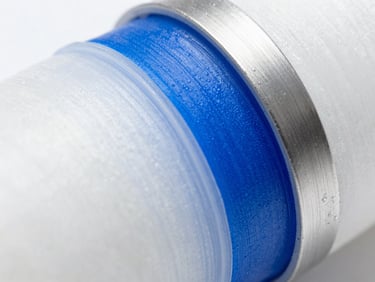 Macro detail of a rolled reverse osmosis membrane, showing its intricate layers and sterile appearance, brushed platinum accents, crisp focus, 35mm.