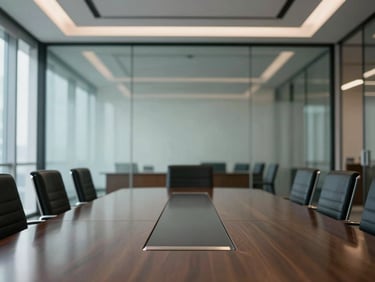 Symmetrical view of a modern corporate office boardroom, immaculate glass partition, gleaming conference table reflecting soft architectural lighting.