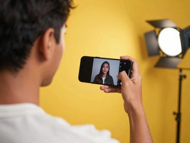 Over-the-shoulder shot of an Indonesian content creator editing a TikTok video on a smartphone, vibrant studio lighting, yellow accent lights, 35mm