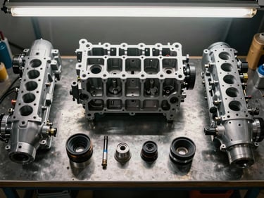 Overhead view of an outboard engine block disassembled on a metal workbench, components laid out in order, workshop lighting from above, no people