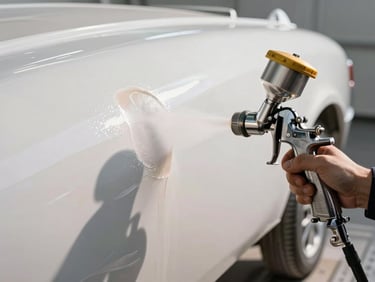 Close-up of a spray gun applying gelcoat to a hull surface, fine mist catching north-facing daylight, freshly painted white surface beside masked bare area, no faces visible