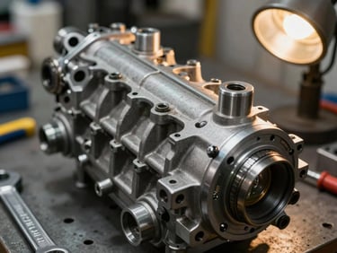 Extreme close-up of marine engine components on a workbench, wrench and torque tool in frame, tungsten shop light, clean metallic surfaces, documentary framing