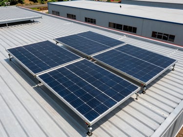 Industrial solar array mounted on a clean modern warehouse roof under bright Karnataka daylight, sharp angles, technical precision, high contrast.