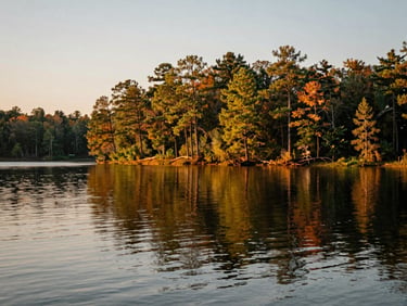 Wide panoramic shot of Crown Lake in Horseshoe Bend Arkansas at golden hour, calm water reflecting the pine trees and soft sky