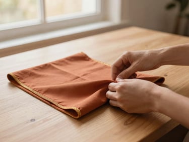 A designer's hands arranging a structured terracotta fabric with gold thread accents on a clean wooden table, soft window light, warm editorial style