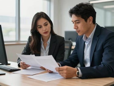 Medium shot of two Colombian professionals at a modern office desk reviewing printed documents together, natural window light from the left, depth of field focused on the paperwork handoff moment, clean corporate environment visible in background