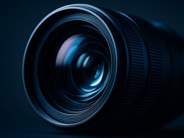 Macro close-up of a sleek camera lens with cold blue studio lighting reflecting off the glass elements, high-contrast technical composition.